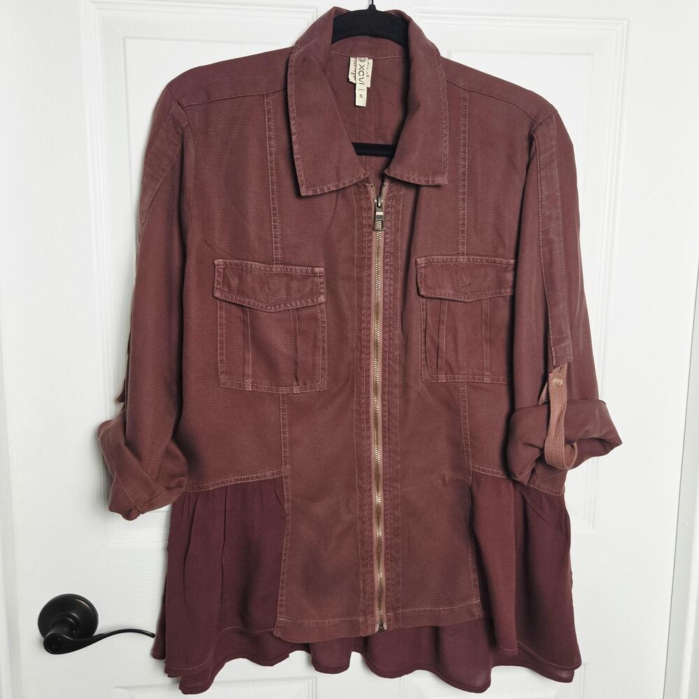XCVI Jacket Womens XL Brown Lyocell Zip Front Utility Pockets Ruffle Hem Peplum